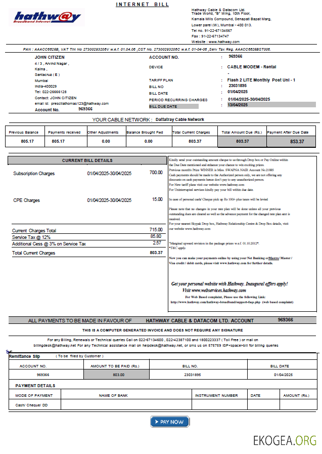 India Hathway Cable & Datacom utility bill template in Word and PDF formats